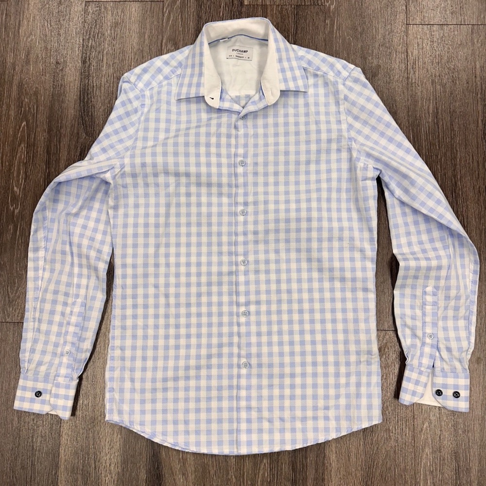 DUCHAMP London Slim Fit Gingham Dress Long Sleeve Shirt Blue White Size 15M 36